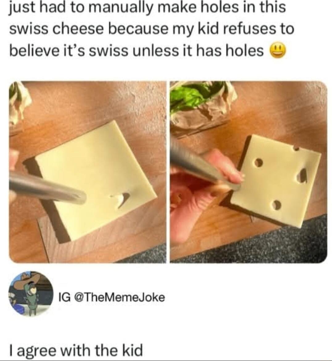 Just had to manually make holes in this swiss cheese because my kid refuses to believe its swiss unless it has holes Q G TheMemeJoke agree with the kid