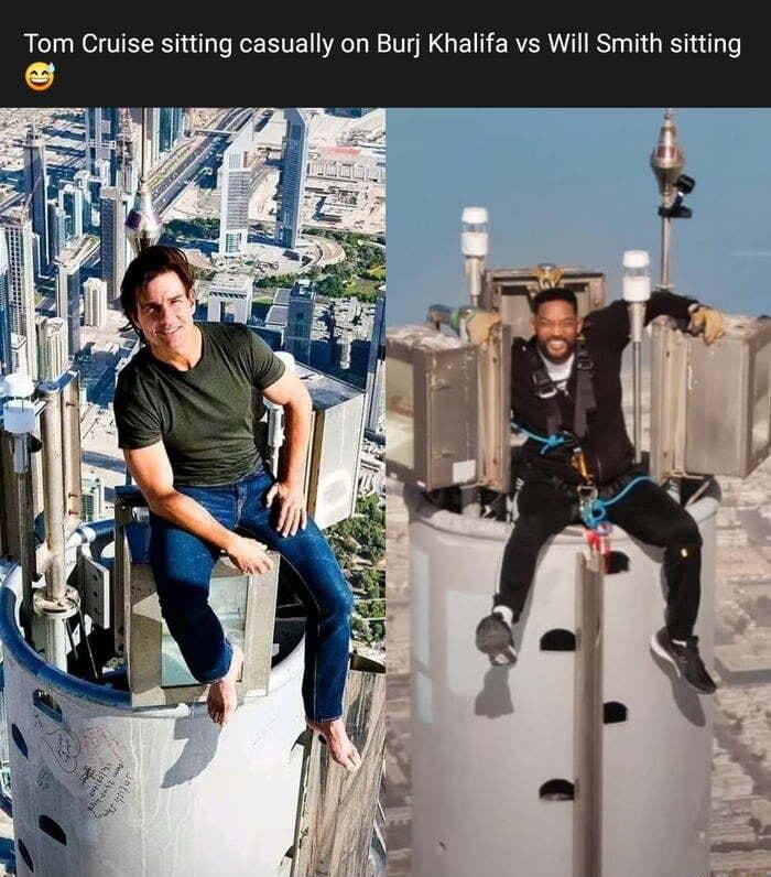Tom Cruise sitting casually on Burj Khalifa vs Will Smith sitting