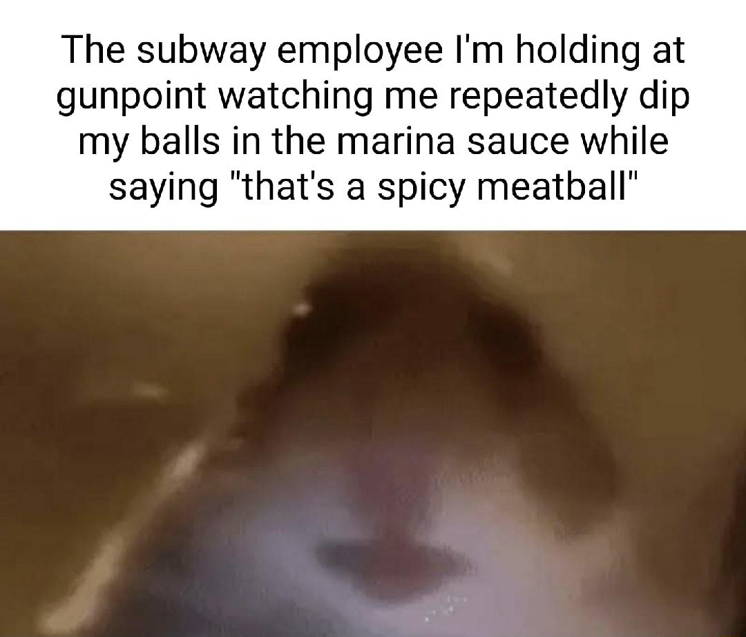 The subway employee Im holding at gunpoint watching me repeatedly dip my balls in the marina sauce while saying thats a spicy meatball