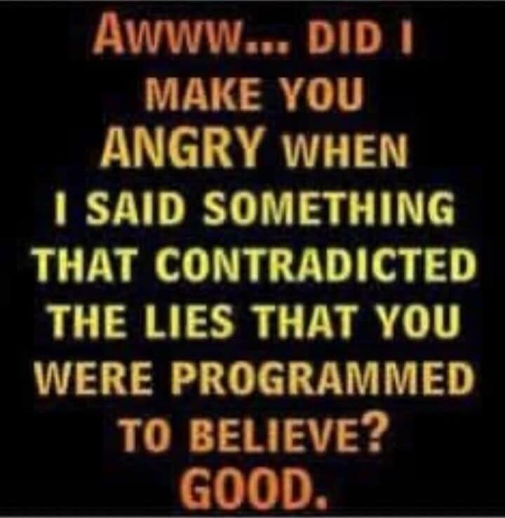 Awww... DID I MAKE YOU ANGRY WHEN I SAID SOMETHING THAT CONTRADICTED THE LIES THAT YOU WERE PROGRAMMED TO BELIEVE? GOOD.
