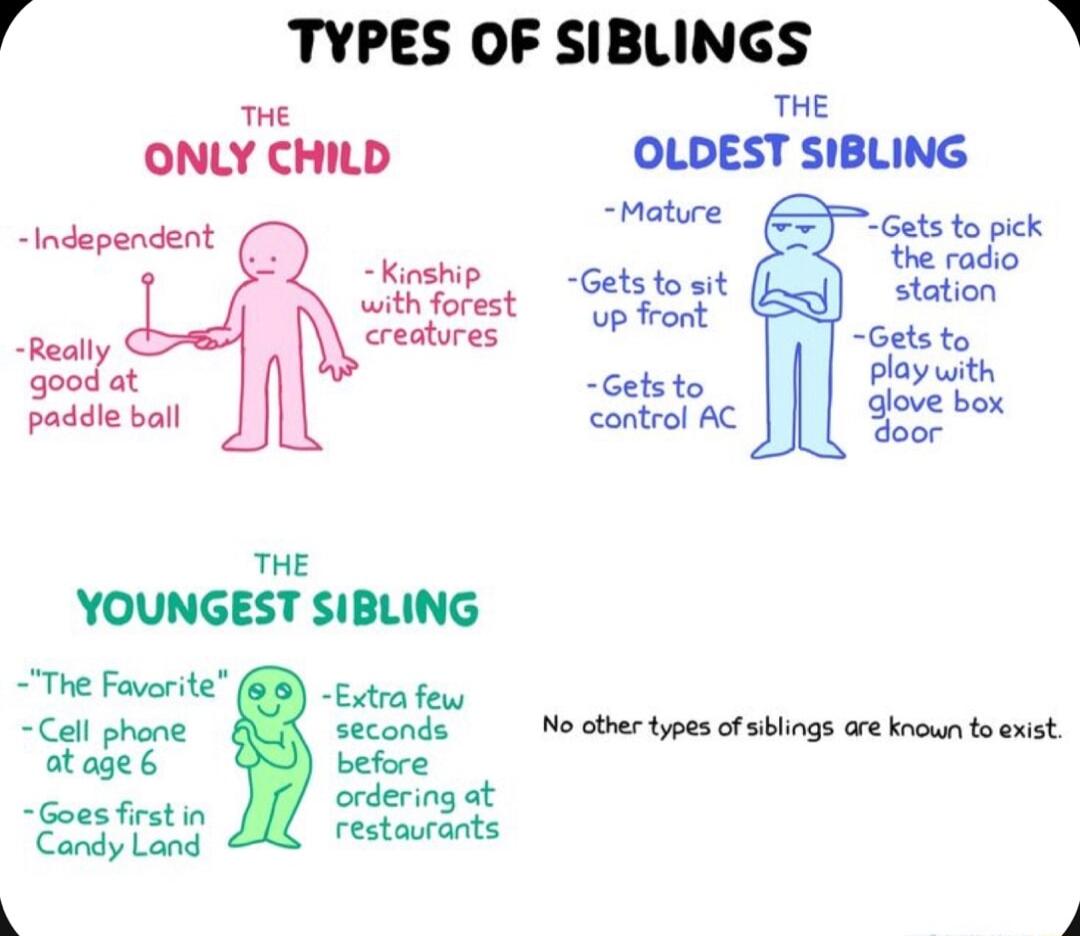 3 TYPES OF SIBLINGS A e THE ONLY CHILD OLDEST SIBLING Independent etee Gatsto pek Kinship Honad with nff GPls it station P Creatures Getsto good Getsto Play with paddle ball ontrol AC glove box THE YOUNGEST SIBLING The Foverite 88 Exra few Cell phone seconds No other types of sblings are known to axist atage befre ordering gestratn J i k i