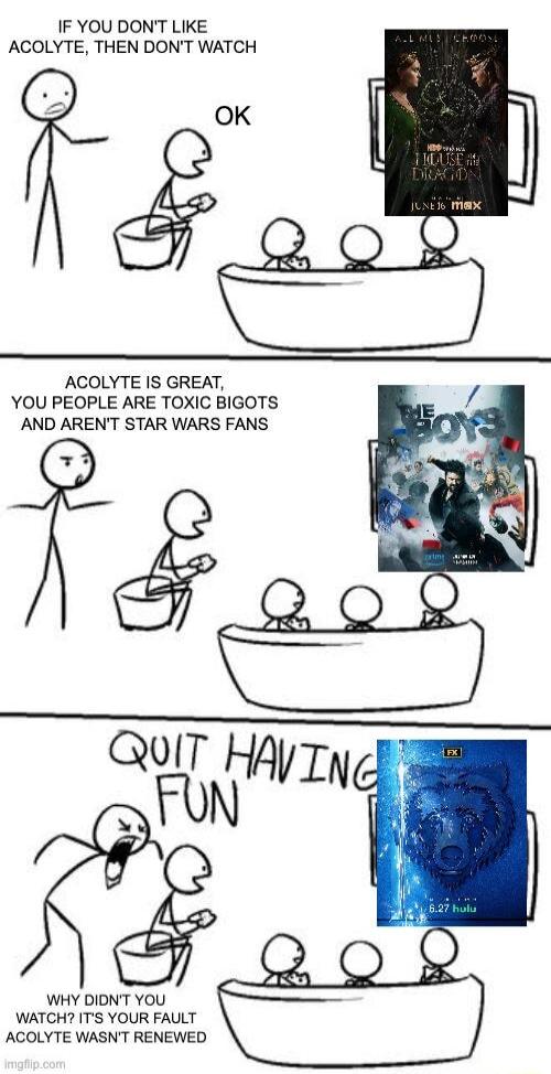 IF YOU DONT LIKE ACOLYTE THEN DONT WATCH ACOLYTE IS GREAT YOU PEOPLE ARE TOXIC BIGOTS AAND ARENT STAR WARS FANS WHY DIDNT YOU WATCH ITS YOUR FAULT ACOLYTE WASN RENEWED