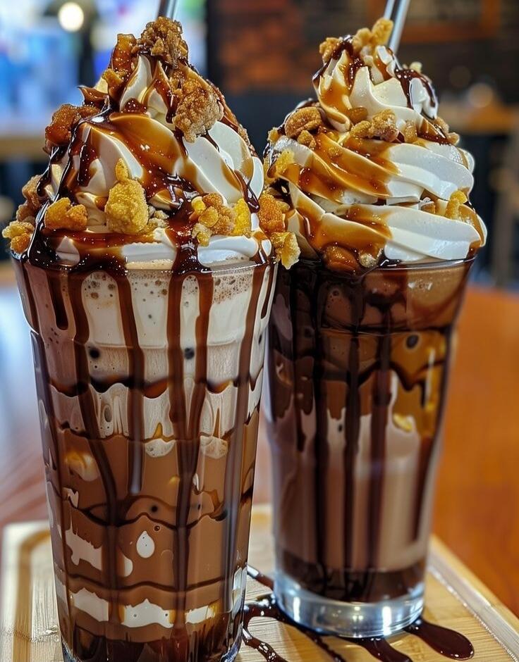 Two tall chocolate milkshakes topped with whipped cream, chocolate and caramel drizzle, and crunchy toppings. A straw in each glass.