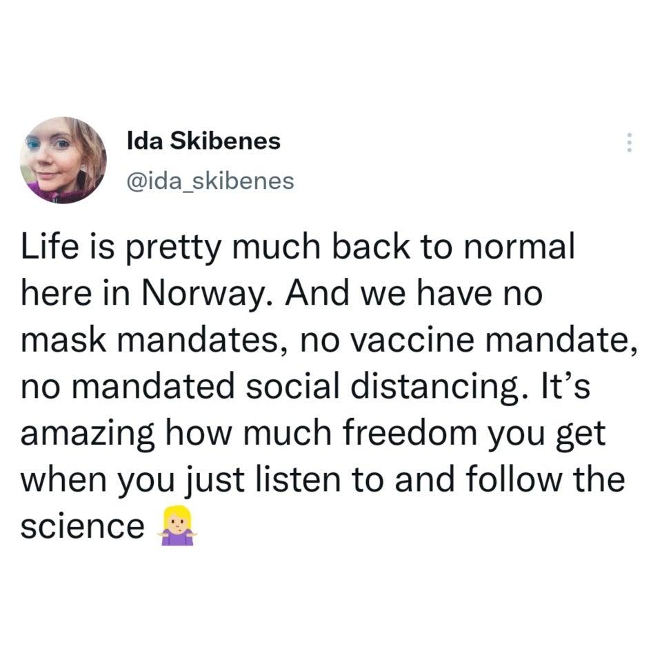 Ida Skibenes ida_skibenes Life is pretty much back to normal here in Norway And we have no mask mandates no vaccine mandate no mandated social distancing Its amazing how much freedom you get when you just listen to and follow the science s