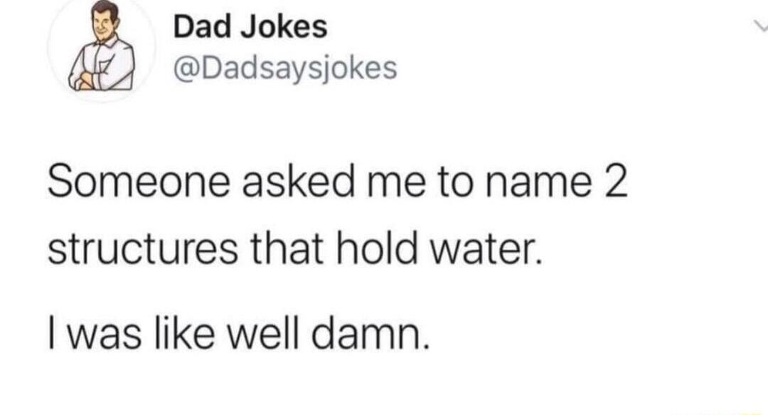 Dad Jokes Dadsaysjokes Someone asked me to name 2 structures that hold water was like well damn