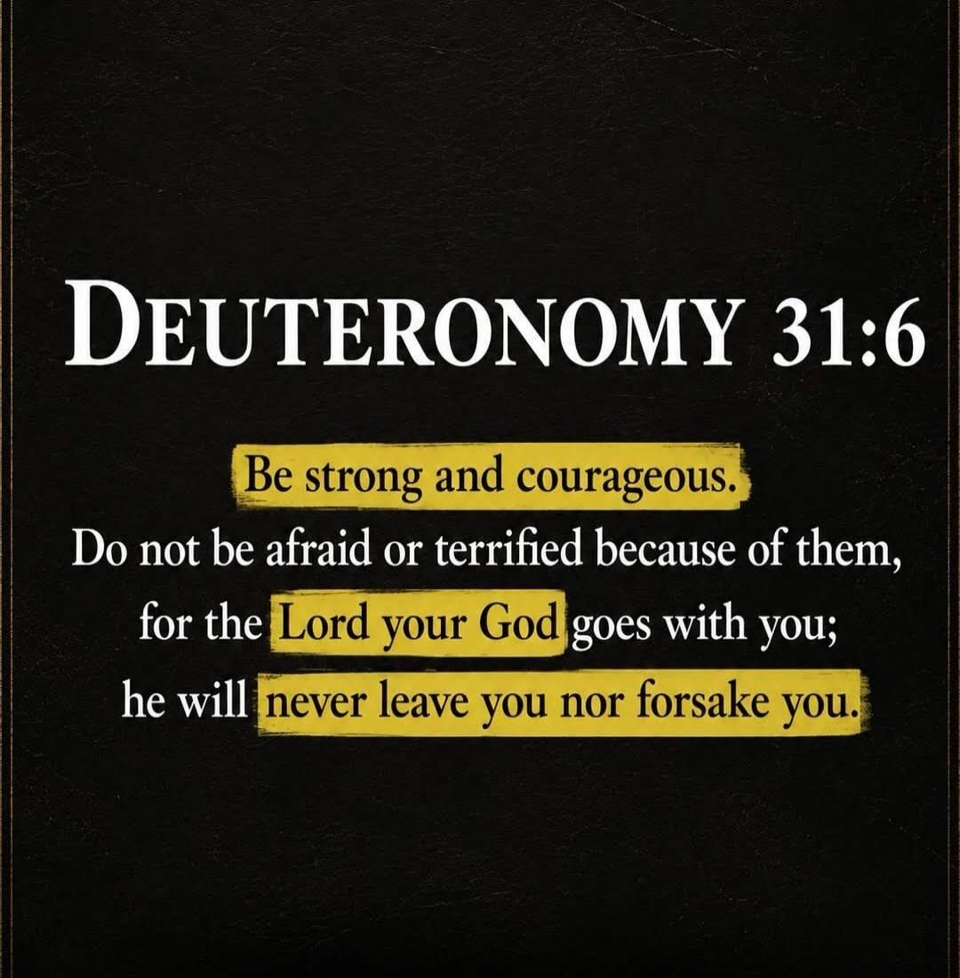 DEUTERONOMY 31:6 Be strong and courageous. Do not be afraid or terrified because of them, for the Lord your God goes with you; he will never leave you nor forsake you.