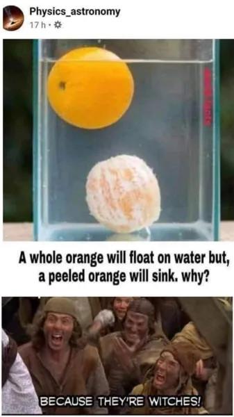 9 Physics_astronomy 17h 4 S A whole orange will float on water but a peeled orange will sink why BECAUSE THEYRE WITCHES