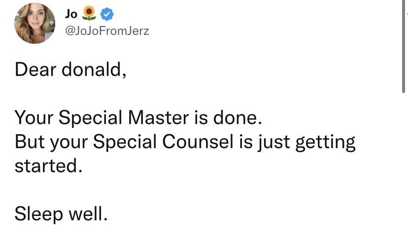 XX loloFromlerz Dear donald Your Special Master is done But your Special Counsel is just getting started Sleep well