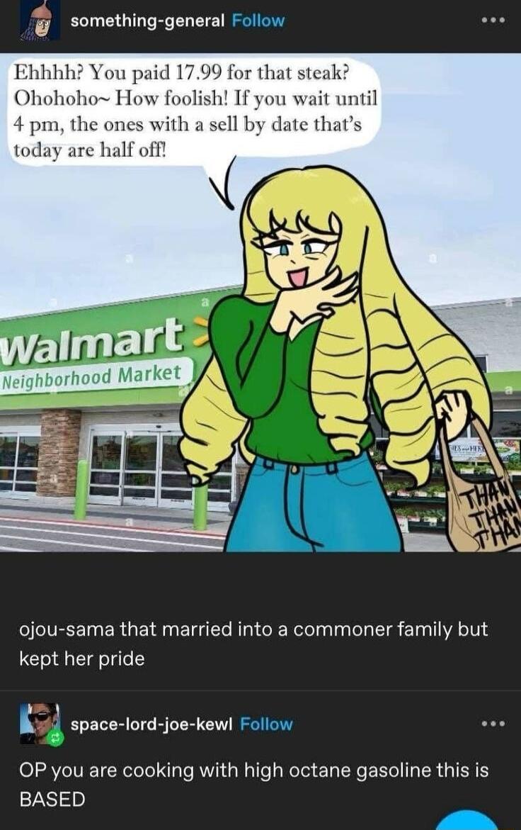 something general Follow Ehhhh You paid 1799 for that steak Ohohoho How foolish If you wait until 4 pm the ones with a sell by date thats today are half off ojou sama that married into a commoner family but kept her pride space lord joe kewl Follow OP you are cooking with high octane gasoline this is BASED yV N