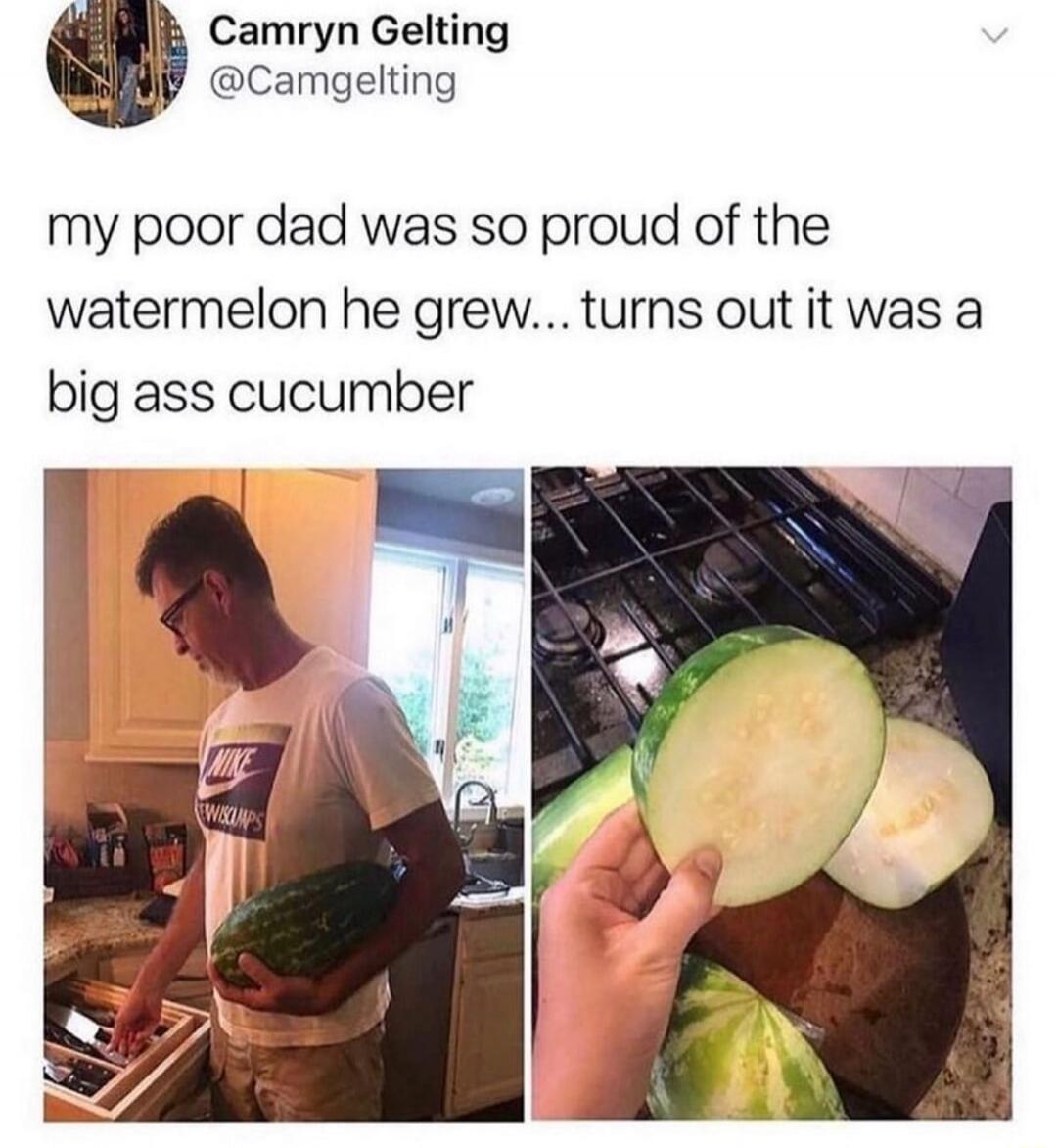 my poor dad was so proud of the watermelon he grew... turns out it was a big ass cucumber