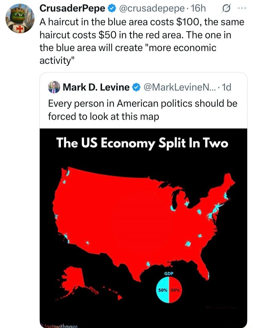 A haircut in the blue area costs $100, the same haircut costs $50 in the red area. The one in the blue area will create 