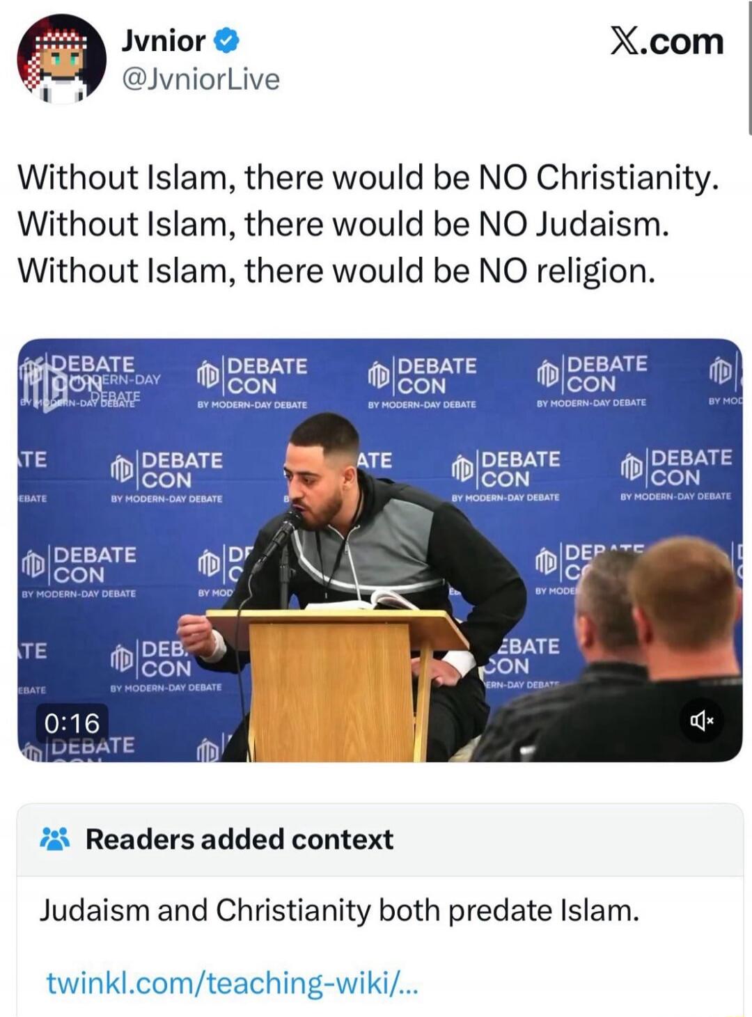 Without Islam, there would be NO Christianity. Without Islam, there would be NO Judaism. Without Islam, there would be NO religion. Judaism and Christianity both predate Islam.