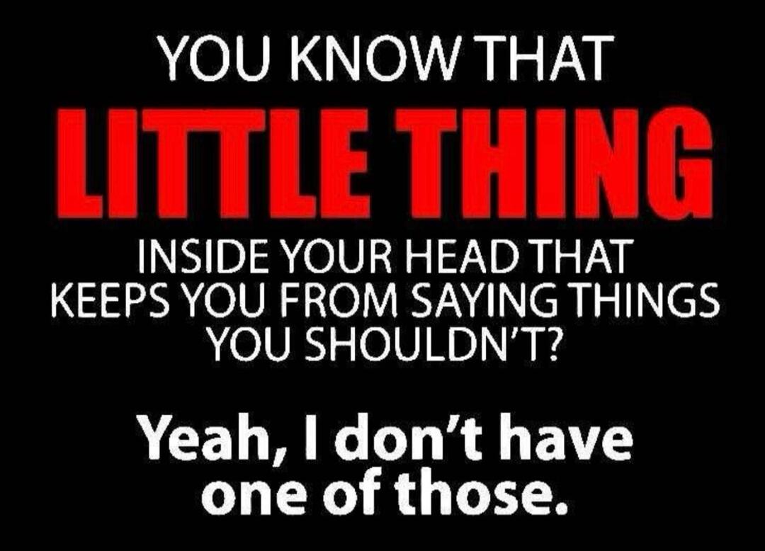 YOU KNOW THAT LITTLE THING INSIDE YOUR HEAD THAT KEEPS YOU FROM SAYING THINGS YOU SHOULDN'T? Yeah, I don't have one of those.