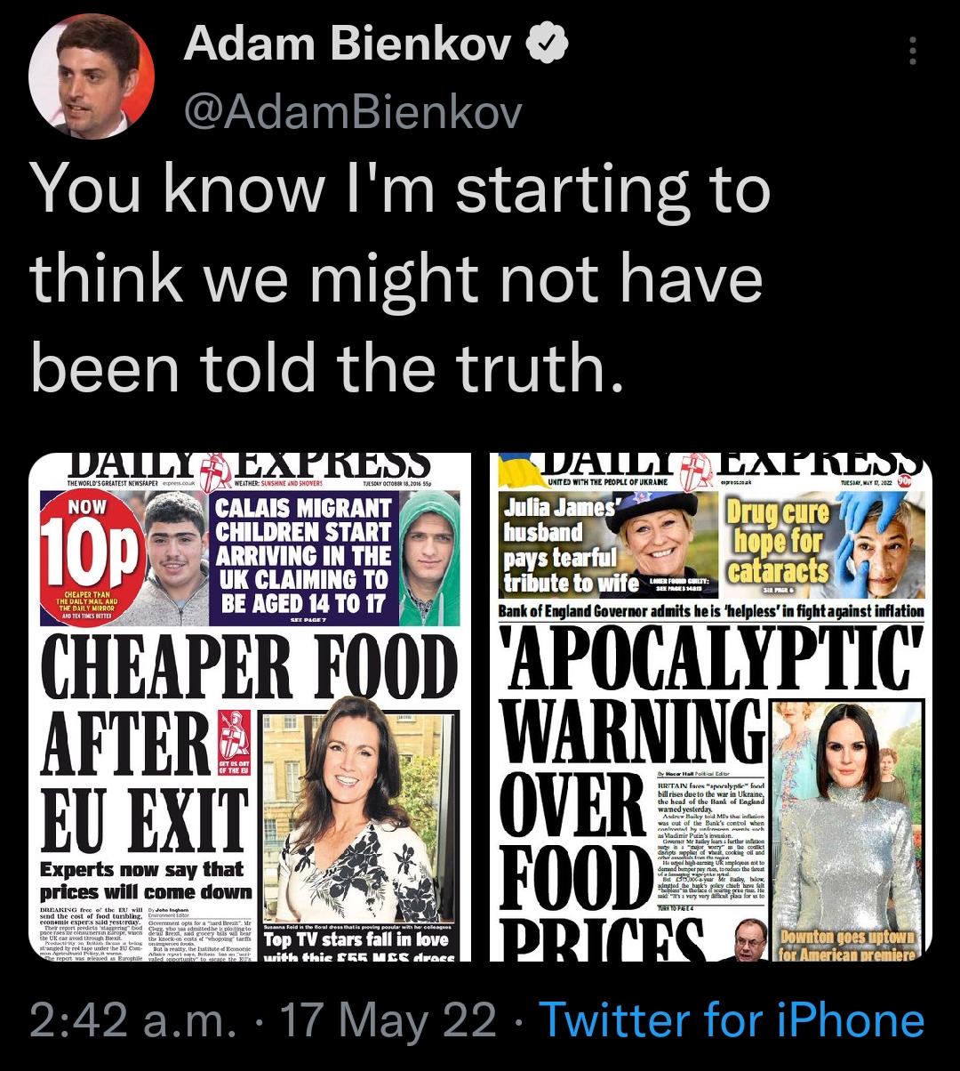 Adam Bienkov o AdamBienkov NCIVRGITAR B eTgdlalR 0 think we might not have been told the truth lilg GMI ARRIVING IN THE Wtffi UK CLAIMING T 3 o e caiaraexs BE AGED 14 70 17 242 am 17 May 22 Twitter for iPhone