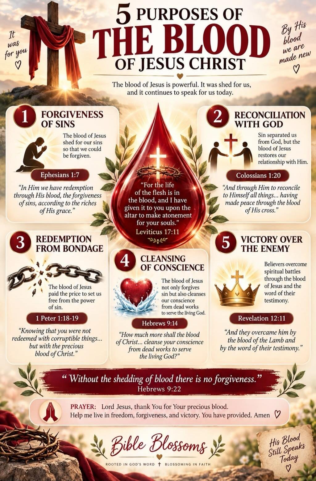 It was for you. By His blood we are made new. His Blood Still Speaks Today. 5 PURPOSES OF THE BLOOD OF JESUS CHRIST. The blood of Jesus is powerful. It was shed for us, and it continues to speak for us today. 1 FORGIVENESS OF SINS. The blood of Jesus shed for our sins so that we could be forgiven. Ephesians 1:7 “In Him we have redemption through Hi