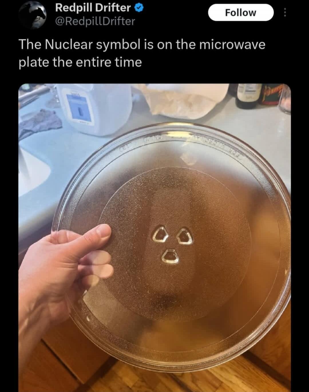 The Nuclear symbol is on the microwave plate the entire time