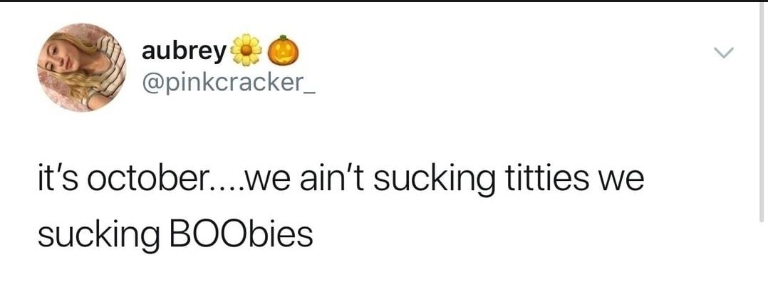 aubrey pinkcracker_ its octoberwe aint sucking titties we sucking BOObies 121017 0346 7480 Retweets 153K Likes