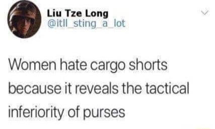 Liu Tze Long itll_sting a lot Women hate cargo shorts because it reveals the tactical inferiority of purses