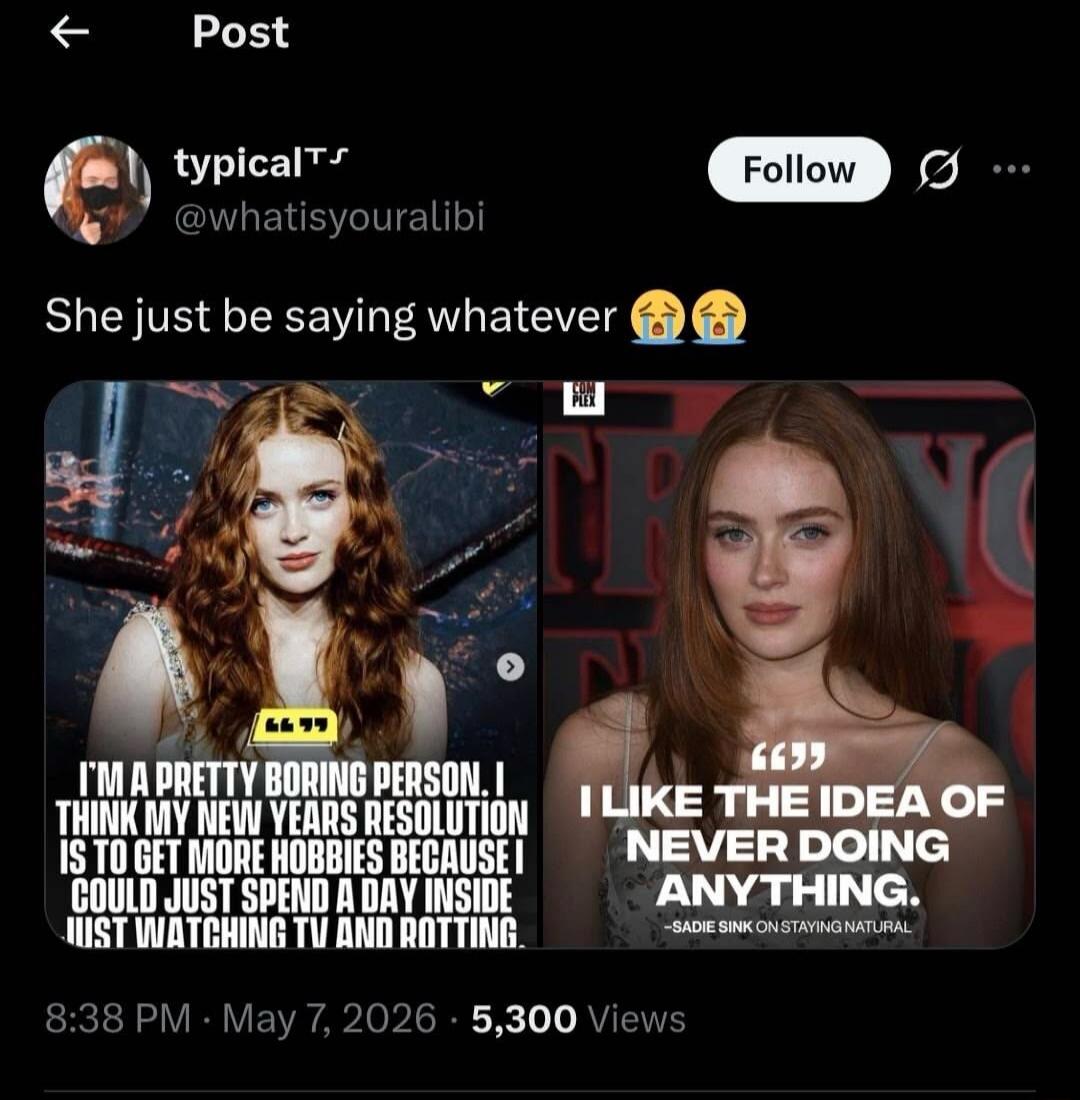 She just be saying whatever. I'm a pretty boring person. I think my New Year's resolution is to get more hobbies because I could just spend a day inside just watching TV and rotting. I like the idea of never doing anything. -Sadie Sink on Staying Natural