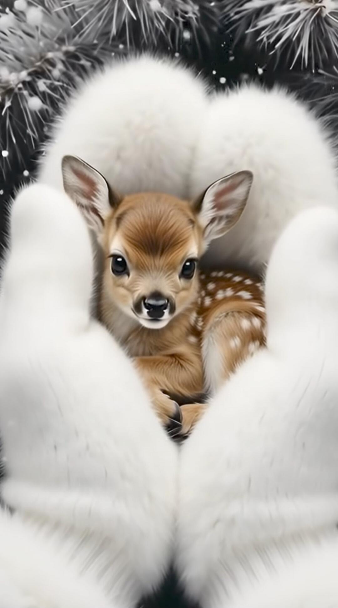 A tiny fawn cradled in large white gloves forming a heart shape.