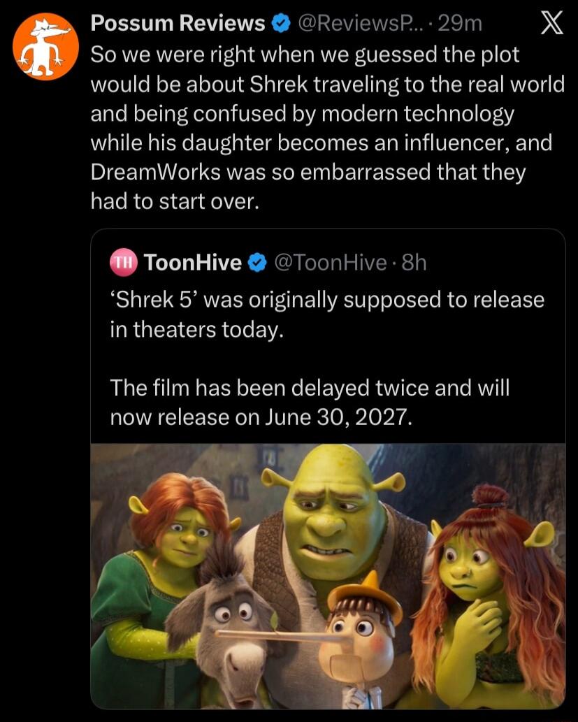 Possum Reviews @ReviewsP... 29m X So we were right when we guessed the plot would be about Shrek traveling to the real world and being confused by modern technology while his daughter becomes an influencer, and DreamWorks was so embarrassed that they had to start over. ToonHive @ToonHive 8h 'Shrek 5' was originally supposed to release in theaters t