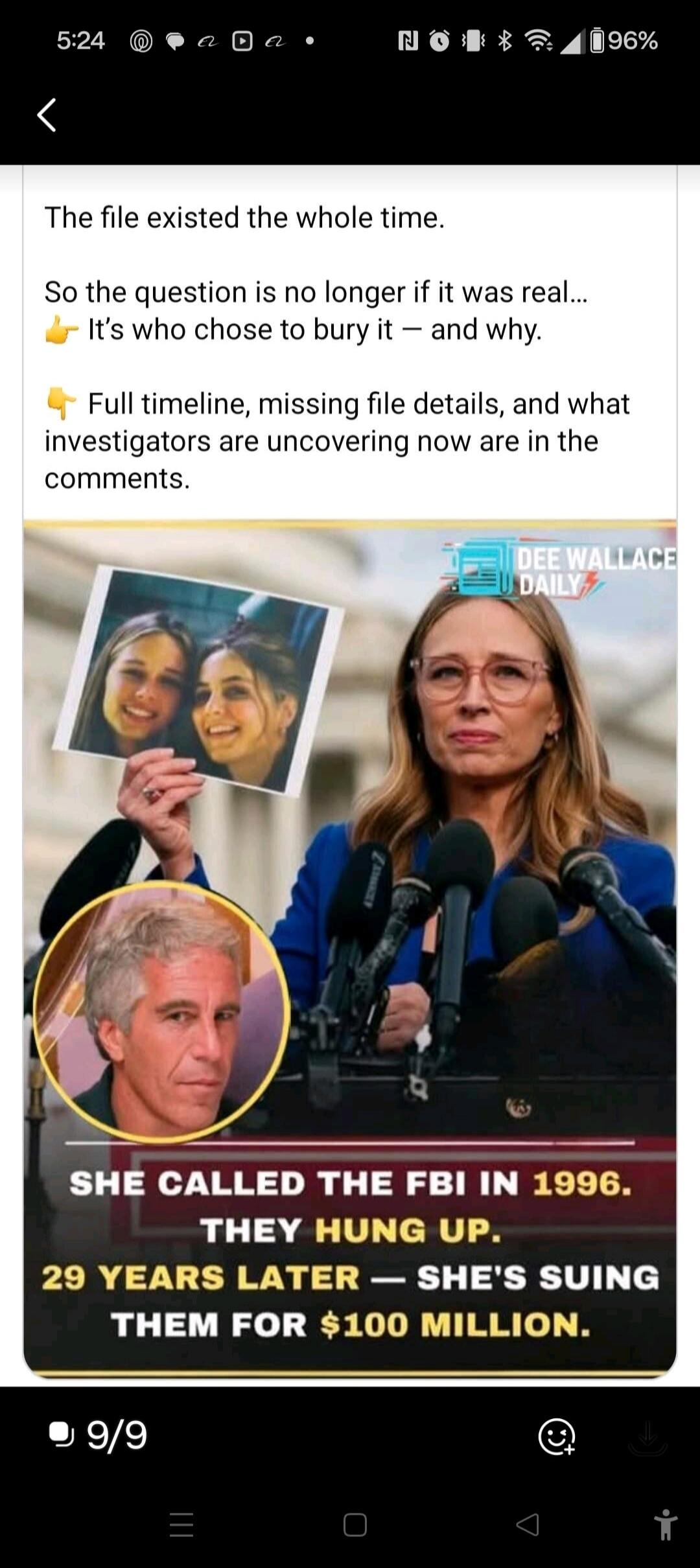 The file existed the whole time. So the question is no longer if it was real... It's who chose to bury it — and why. Full timeline, missing file details, and what investigators are uncovering now are in the comments. DEE WALLACE DAILY. SHE CALLED THE FBI IN 1996. THEY HUNG UP. 29 YEARS LATER — SHE'S SUING THEM FOR $100 MILLION.