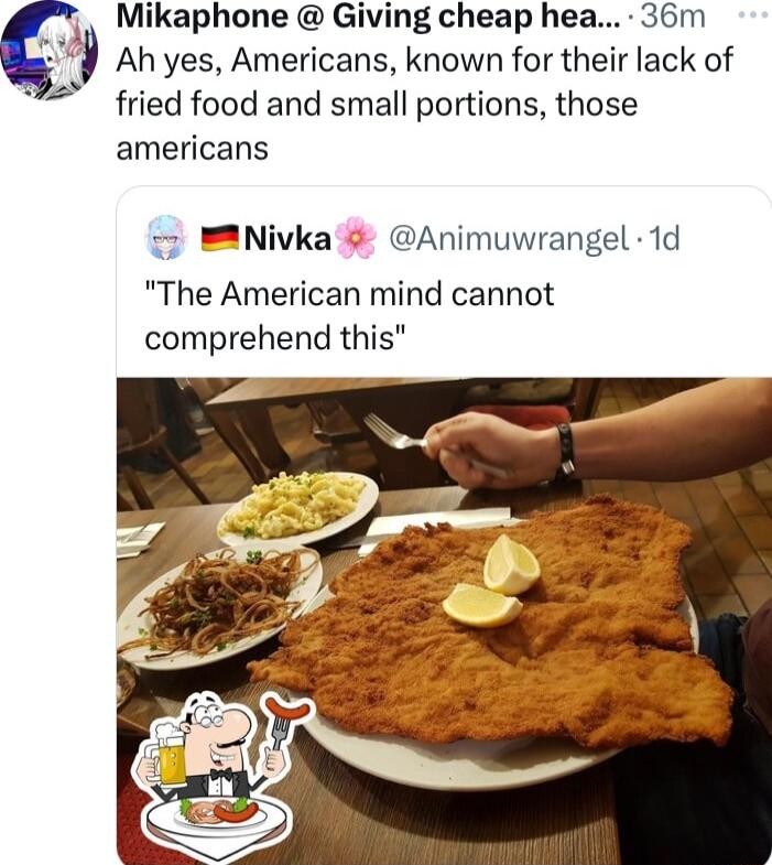 Mikaphone Giving cheap hea 36m Ah yes Americans known for their lack of fried food and small portions those americans 2 Nivka Animuwrangel 1d The American mind cannot comprehend this