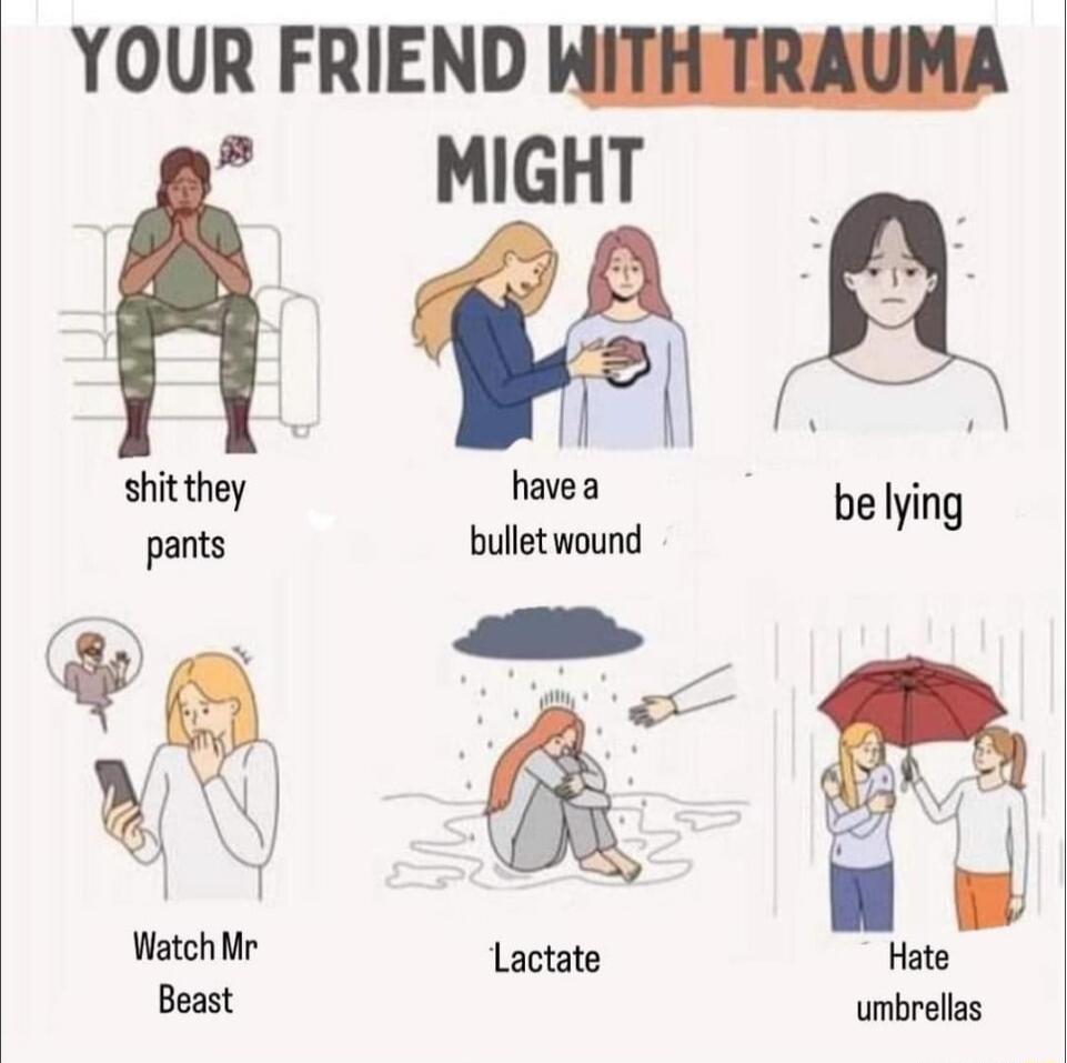 YOUR FRIEND WITHTRAUMA A0 shit they havea be lying pants bullet wound i 7 w WatchMr Hate Beast umbrellas