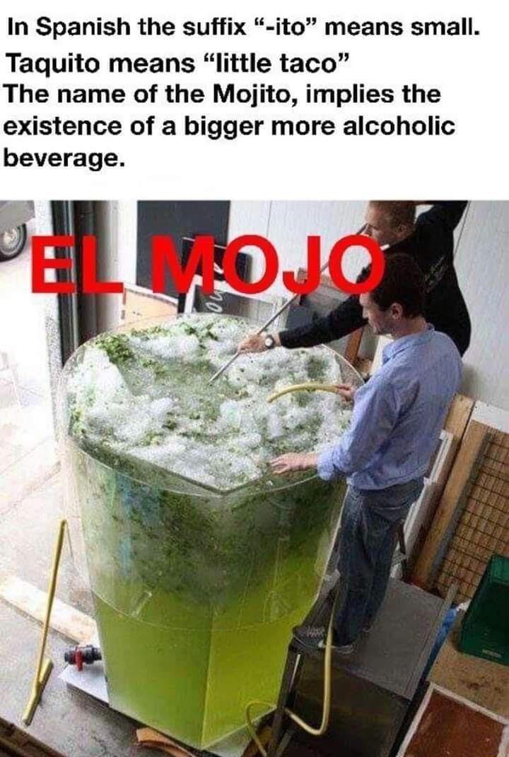 In Spanish the suffix ito means small Taquito means little taco The name of the Mojito implies the existence of a bigger more alcoholic beverage