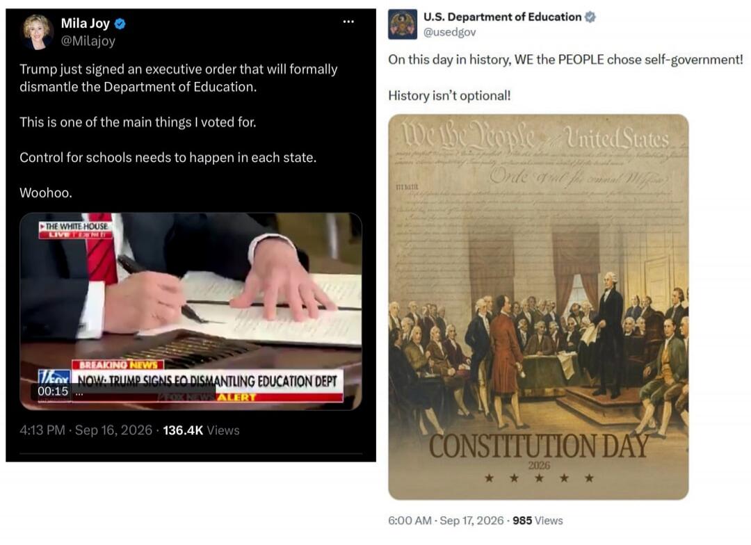 Trump just signed an executive order that will formally dismantle the Department of Education. This is one of the main things I voted for. Control for schools needs to happen in each state. Woohoo. BREAKING NEWS NOW: TRUMP SIGNS EO DISMANTLING EDUCATION DEPT FOX NEWS ALERT. On this day in history, WE the PEOPLE chose self-government! History isn't 