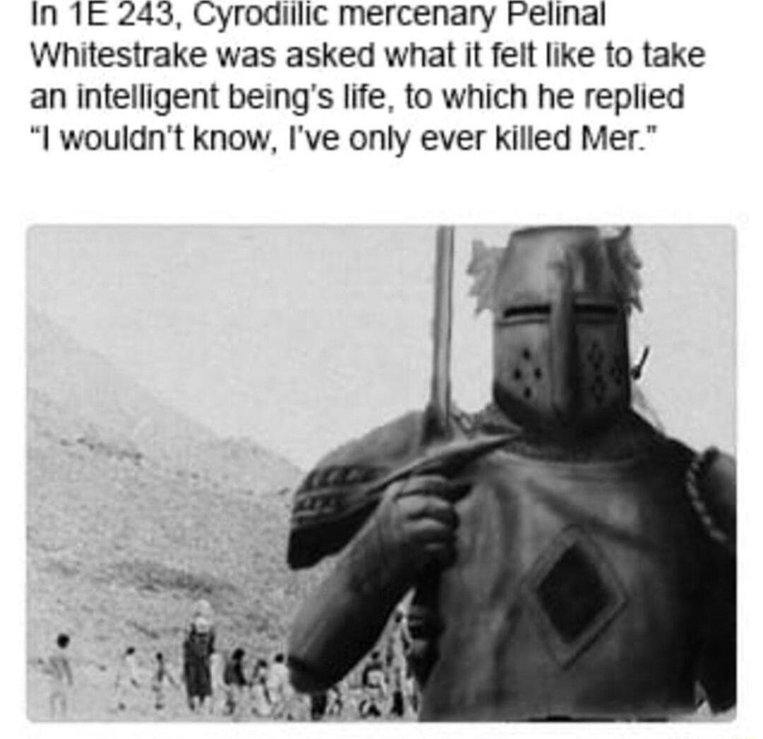 In 1E 243 Cyrodillic mercenary Pelinal Whitestrake was asked what it felt like to take an intelligent beings life to which he replied I wouldnt know Ive only ever killed Mer