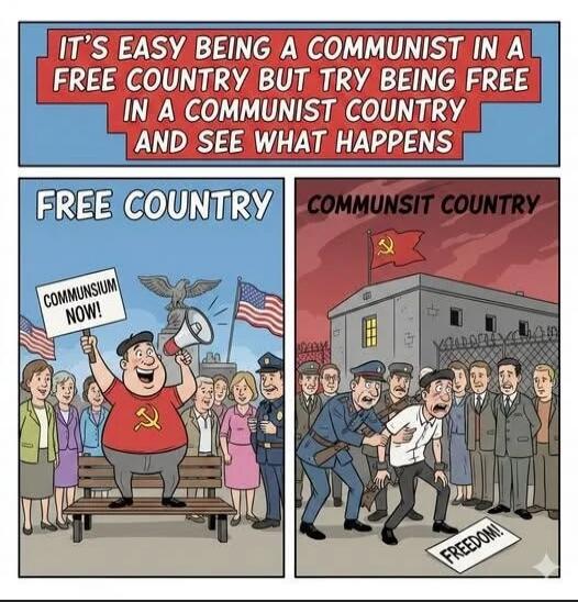 It's easy being a communist in a free country but try being free in a communist country and see what happens

FREE COUNTRY

COMMUNISM NOW!

COMMUNIST COUNTRY