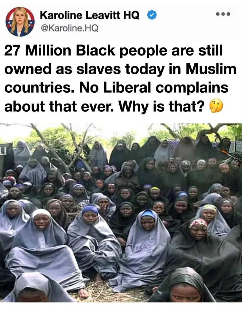 Karoline Leavitt HQ @Karoline.HQ 27 Million Black people are still owned as slaves today in Muslim countries. No Liberal complains about that ever. Why is that? 🤔