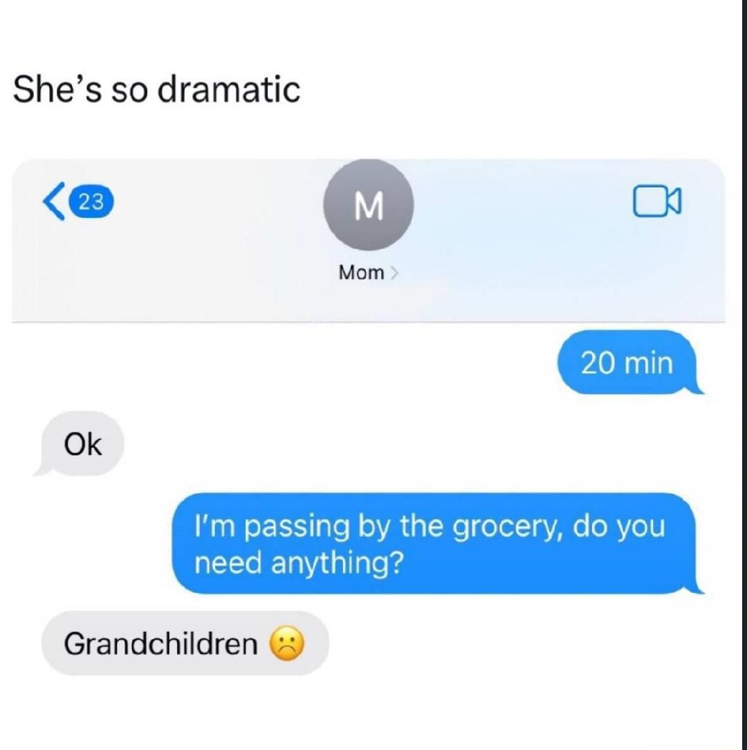 She's so dramatic Mom 20 min Ok I'm passing by the grocery, do you need anything? Grandchildren 🥺