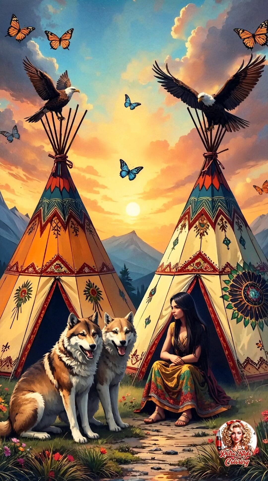 A fantasy scene featuring two colorful tipi tents, two large wolves seated near a woman in a patterned dress, butterflies fluttering in the sky, and a sunset over distant mountains.
