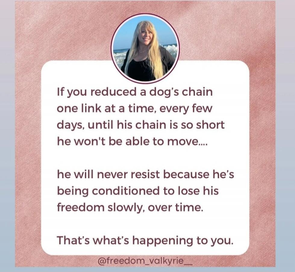 If you reduced a dog's chain one link at a time, every few days, until his chain is so short he won't be able to move.... he will never resist because he's being conditioned to lose his freedom slowly, over time. That's what's happening to you. @freedom_valkyrie__
