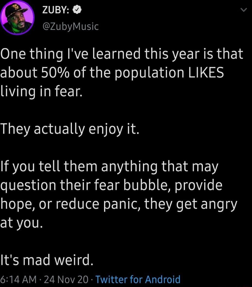 P4V zubyMusic One thing Ive learned this year is that about 50 of the population LIKES living in fear They actually enjoy it IRTIRCEIR G E O RGEINE question their fear bubble provide hope or reduce panic they get angry at you Its mad weird 614 AM 24 Nov 20 Twitter for Android