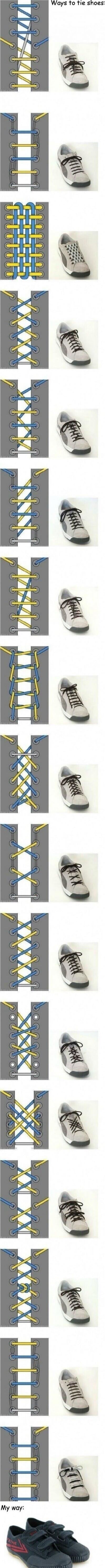 Ways to tie shoes: The image displays 15 different methods for lacing shoes, each with a diagram showing the lace pattern (using blue and yellow laces) and a corresponding photo of a grey shoe laced in that style. The final section, titled 'My way:', humorously shows a pair of dark blue shoes with velcro straps, implying an alternative to tying lac