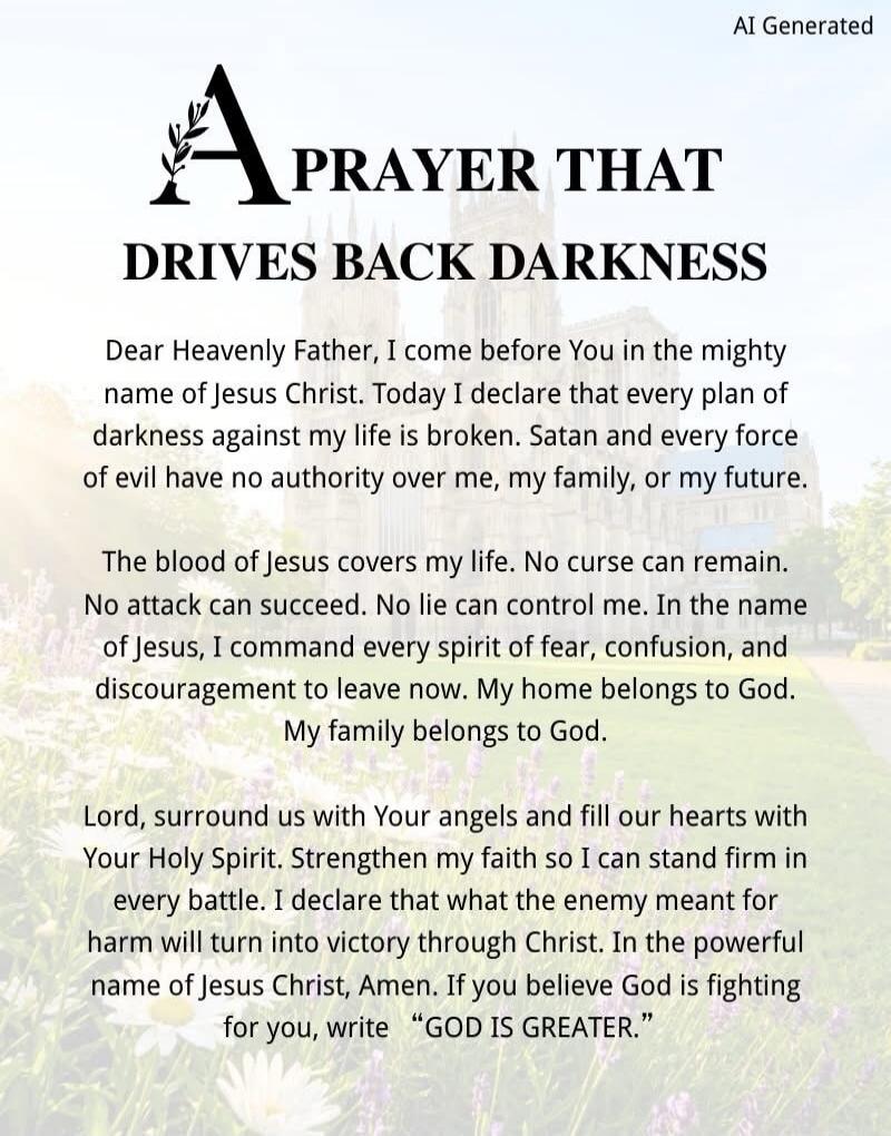 A PRAYER THAT DRIVES BACK DARKNESS Dear Heavenly Father, I come before You in the mighty name of Jesus Christ. Today I declare that every plan of darkness against my life is broken. Satan and every force of evil have no authority over me, my family, or my future. The blood of Jesus covers my life. No curse can remain. No attack can succeed. No lie 