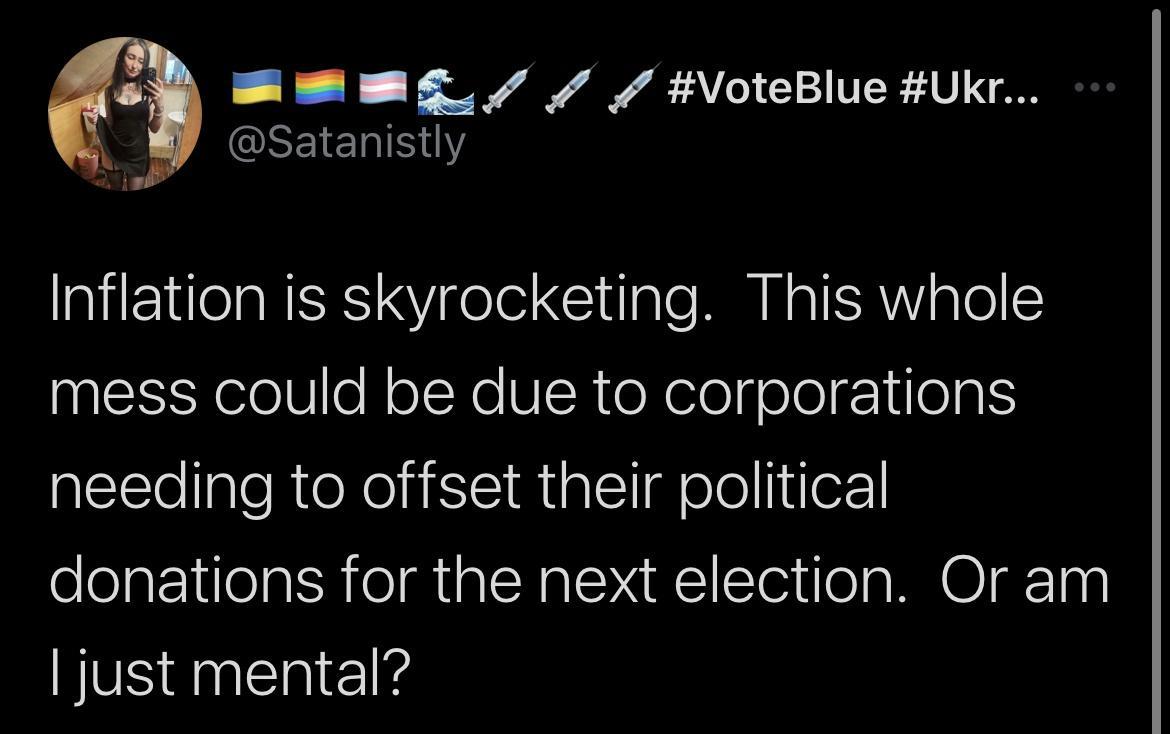 wmmg s 7 VoteBlue Ukr Satanistly Inflation is skyrocketing This whole mess could be due to corporations needing to offset their political donations for the next election Or am PR anthield