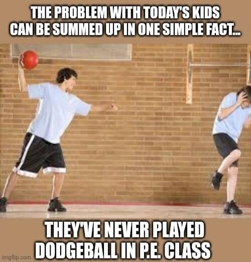 THE PROBLEM WITH TODAY'S KIDS CAN BE SUMMED UP IN ONE SIMPLE FACT...\nTHEY'VE NEVER PLAYED DODGEBALL IN P.E. CLASS