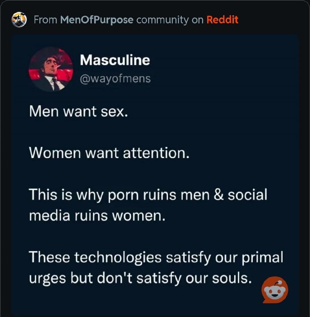 From MenOfPurpose community on Reddit. Masculine @wayofmens. Men want sex. Women want attention. This is why porn ruins men & social media ruins women. These technologies satisfy our primal urges but don't satisfy our souls.