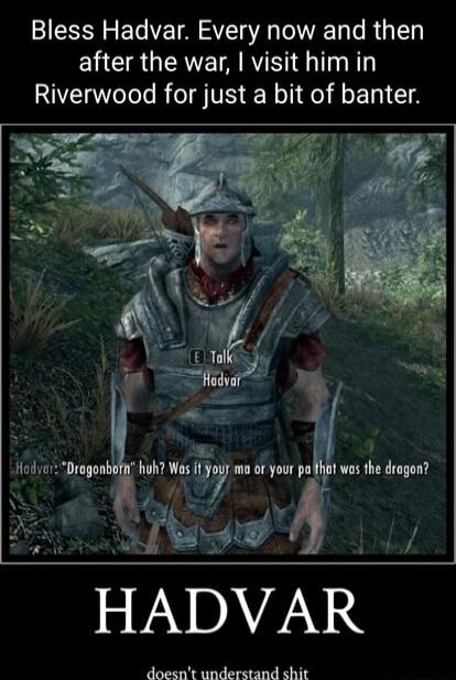 S E IV T ST T T e R ERCRGERETARTEI W Riverwood for just a bit of banter Hodver Drogon h mw tg o your po ot vs the dragr S ey HADVAR doesnt understand shit