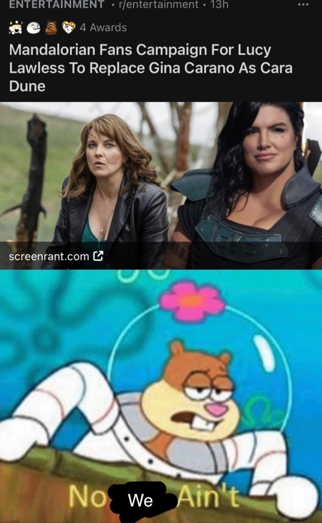 ENTERTAINMENT rfel A A Wavards Mandalorian Fans Campaign For Lucy Lawless To Replace Gina Carano As Cara Dune screenrantcom 2