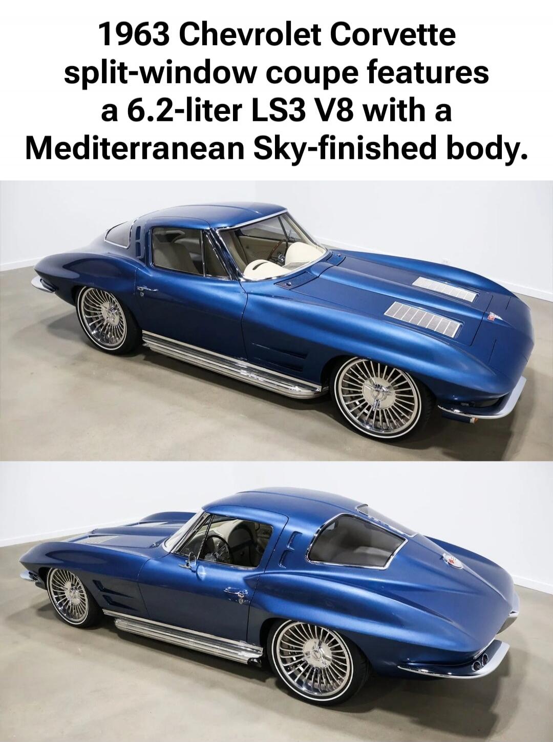 1963 Chevrolet Corvette split-window coupe features a 6.2-liter LS3 V8 with a Mediterranean Sky-finished body.