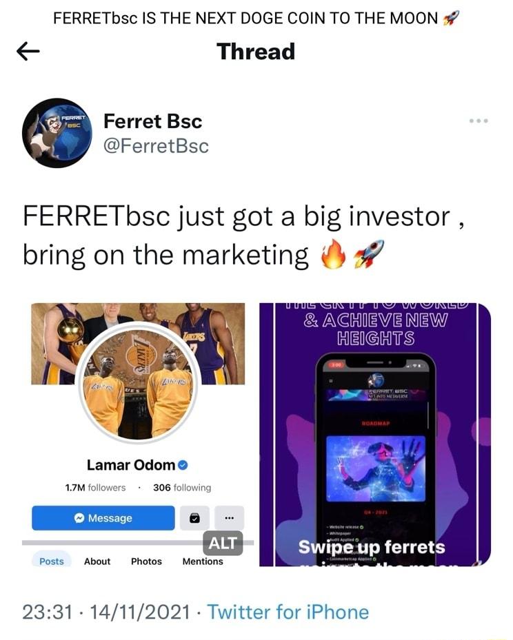 FERRETbsc IS THE NEXT DOGE COIN TO THE MOON 7 Thread Ferret Bsc FerretBsc FERRETbsc just got a big investor bring on the marketing 8 ACHIEVENEW IS Lamar Odom 17Mfollowers 306 following Message a Posts About Photos Mentions 2331 14112021 Twitter for iPhone