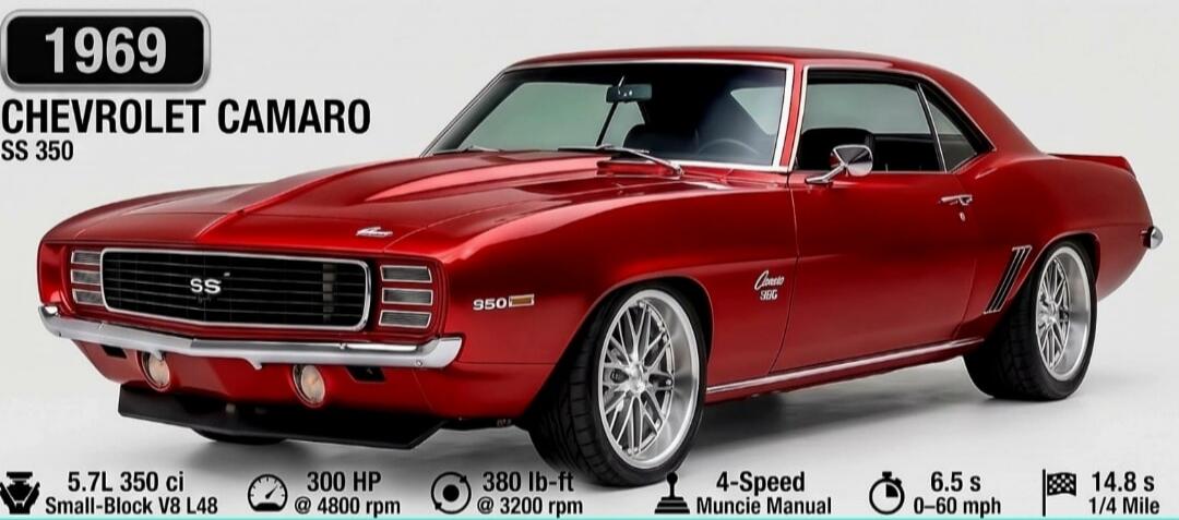 1969 Chevrolet Camaro SS 350. SS. 950. Camaro SS. 5.7L 350 ci Small-Block V8 L48. 300 HP @ 4800 rpm. 380 lb-ft @ 3200 rpm. 4-Speed Muncie Manual. 6.5 s 0-60 mph. 14.8 s 1/4 Mile.