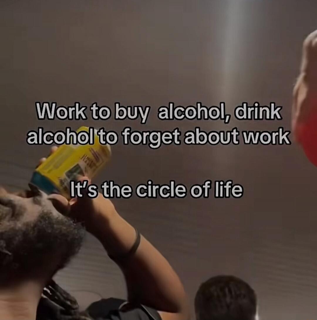 Work to buy alcohol, drink alcohol to forget about work It's the circle of life