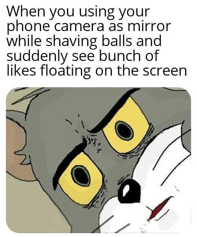 When you using your phone camera as mirror while shaving balls and suddenly see bunch of likes floating on the screen