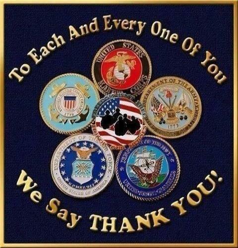 To Each And Every One Of You We Say THANK YOU! United States Marine Corps, United States Coast Guard, Department of the Army, Department of the Air Force, Department of the Navy, American Flag with soldiers.
